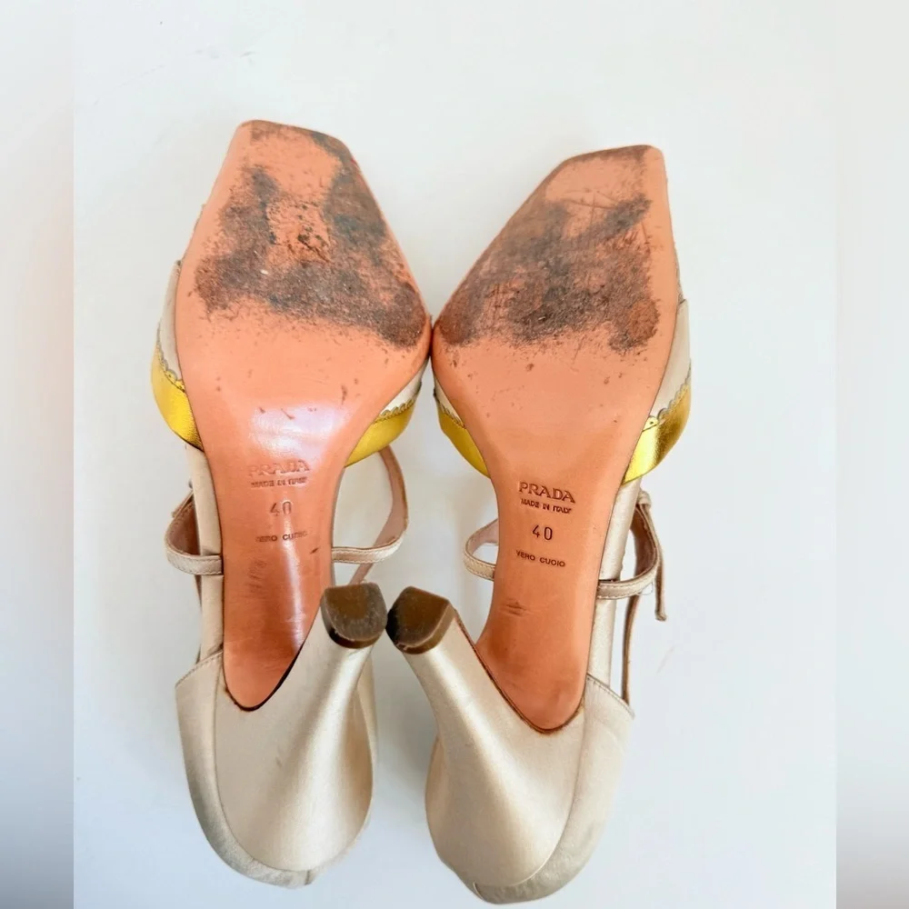 Prada Vintage Beige Champagne Satin Snakeskin Trim Cutout Mary Jane Heels  EU 40
